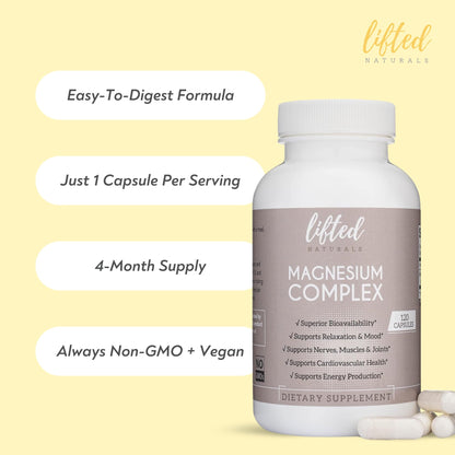 Magnesium Complex - Lifted Naturals Magnesium Supplement w/Bisglycinate, Malate, Taurate - 120 Capsules - Bioavailable Magnesium Formula for Mood, Sleep, Energy Support* Lifted Naturals buy supplements Au