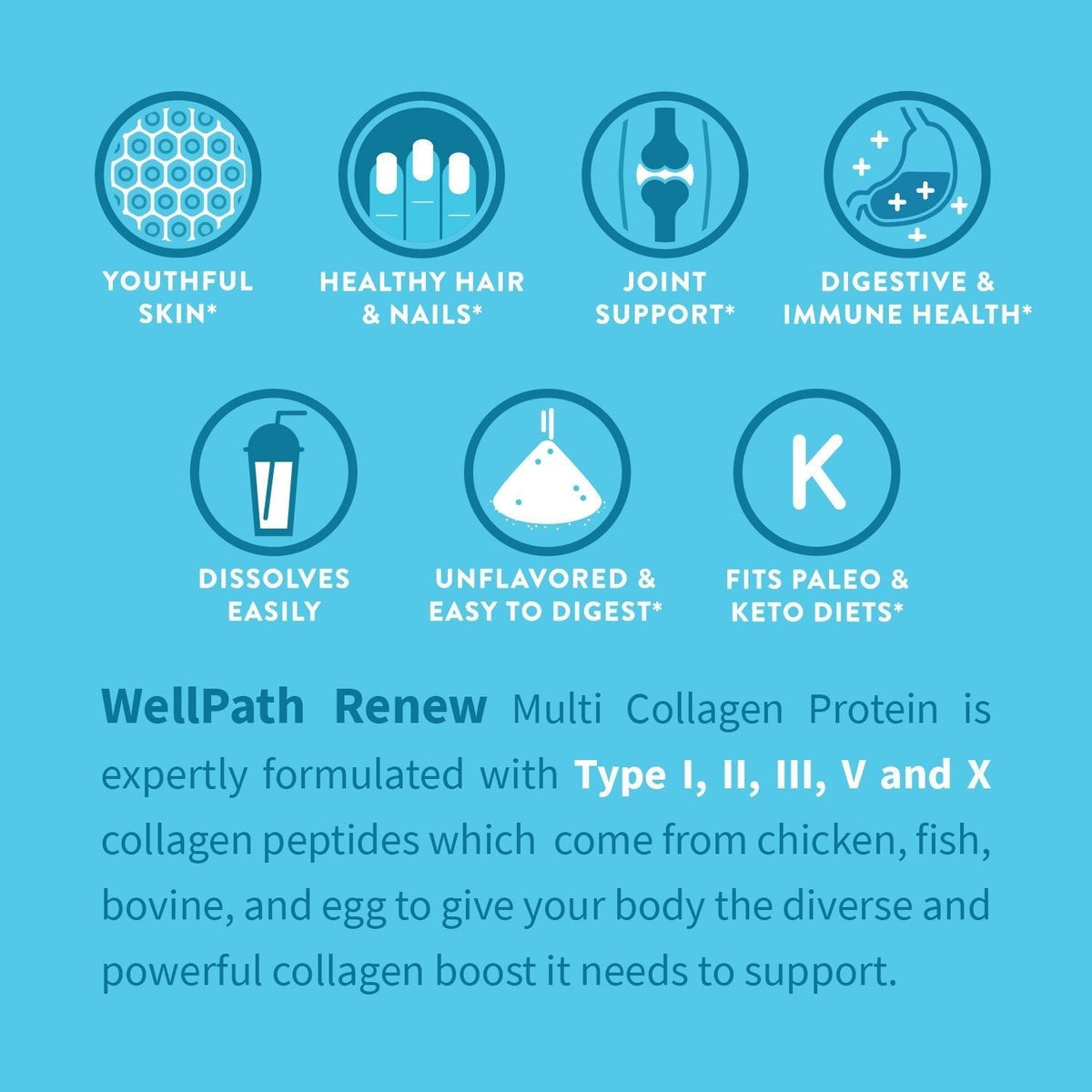 WellPath Multi Collagen Peptides Powder for Women | Renew Multi Collagen Protein for Hair, Nails, Skin | Hydrolyzed Bovine, Marine, & Chicken Sources | Types I, II, III, V, X | 11 oz | 40 Servings WellPath buy supplements Au