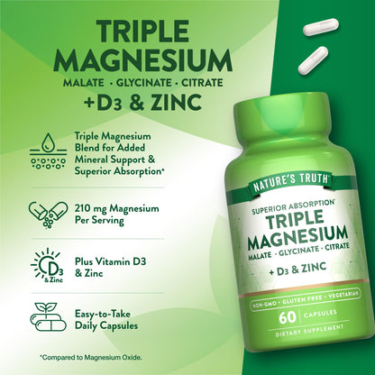 Nature's Truth Triple Magnesium Complex Supplement | 60 Capsules | Glycinate, Citrate & Malate | with D3 & Zinc | Vegetarian, Non-GMO, & Gluten Free Nature's Truth buy supplements Au