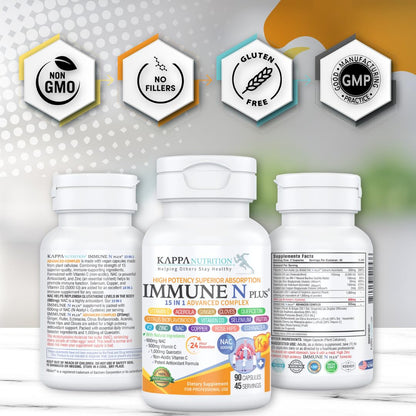 (90 Capsules), NAC 600mg, Quercetin 1,000mg, Vitamin C 500mg, Zinc 50mg, Vitamin D3 5,000iu, Selenium, Copper, Acerola, Ginger, Rutin, Citrus Bioflavonoids, Rose Hips, Echinacea, Immune N Plus 15 in 1 KAPPA NUTRITION buy supplements Au