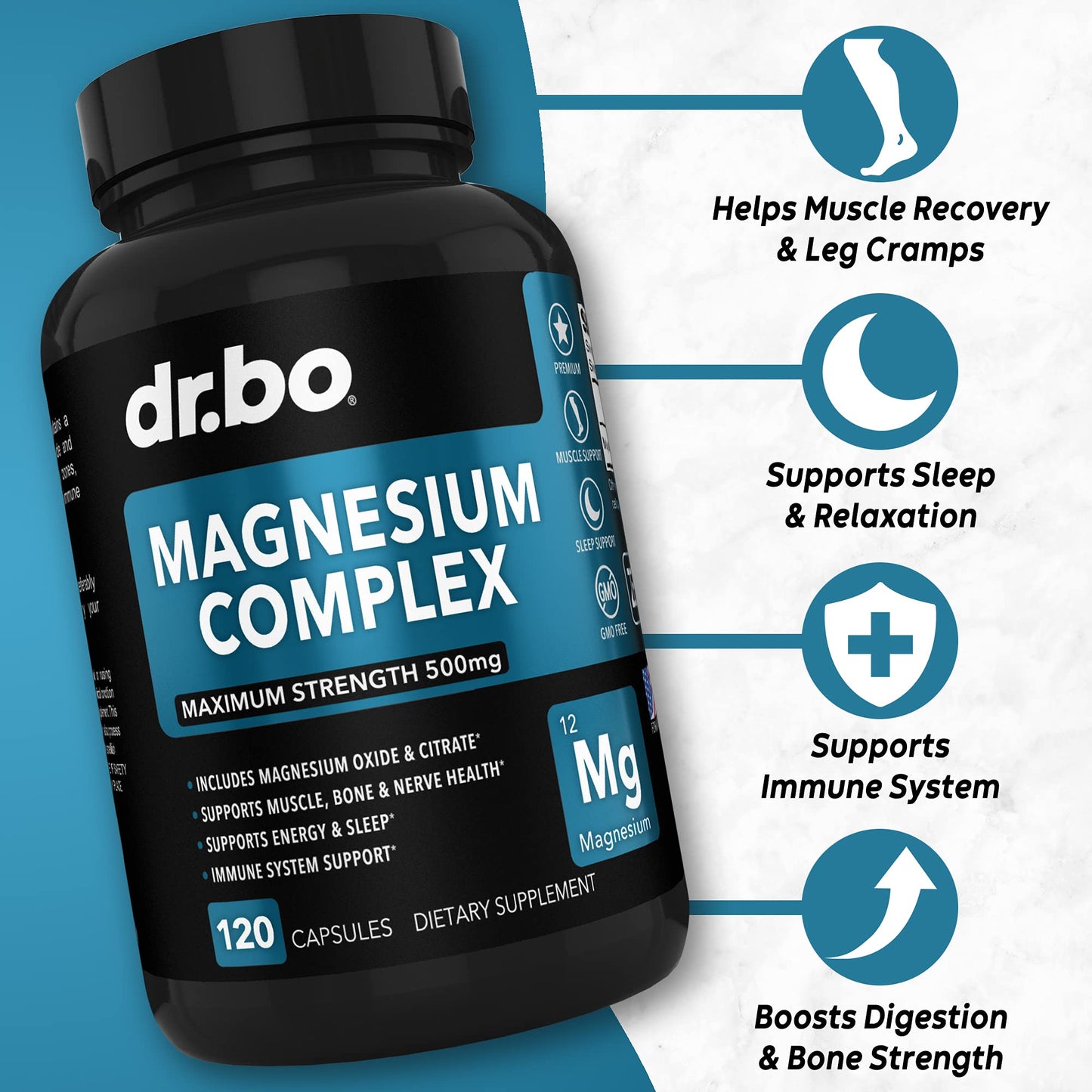Magnesium Complex Supplement Capsules 500mg - Support Energy, Relaxation, Leg Cramps & Legs - Help Aid Muscle Support Supplements - High Absorption Premium Mag Citrate Oxide - 120 Capsules DR. BO buy supplements Au