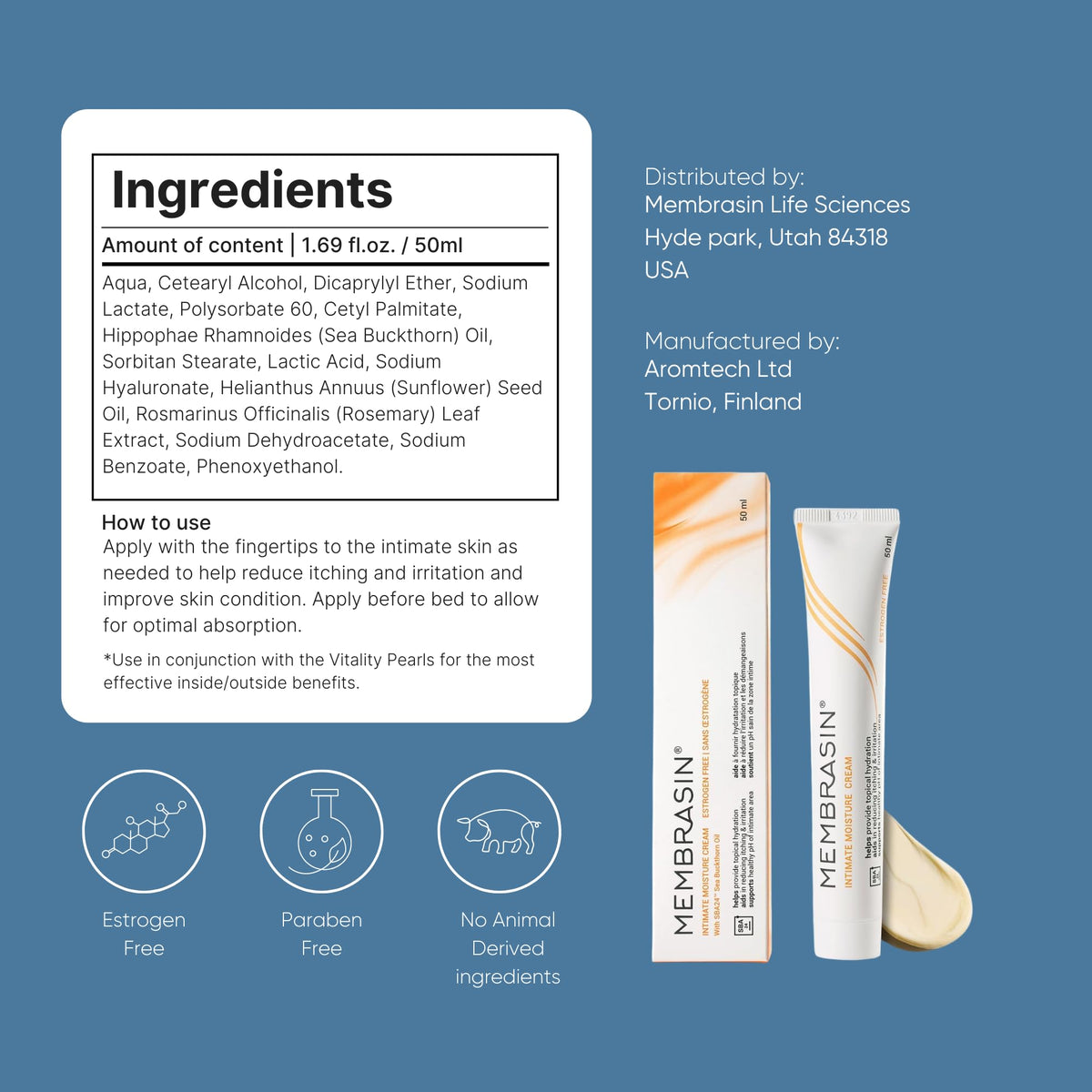 Membrasin Vaginal Moisture Cream with Hyaluronic Acid, Relieves Vaginal Dryness, Itching and Burning, Menopause Support, Hormone Free, Plant Based Formula with Omega 3 6 7 9 and Vitamin E, 50 ml Membrasin buy supplements Au