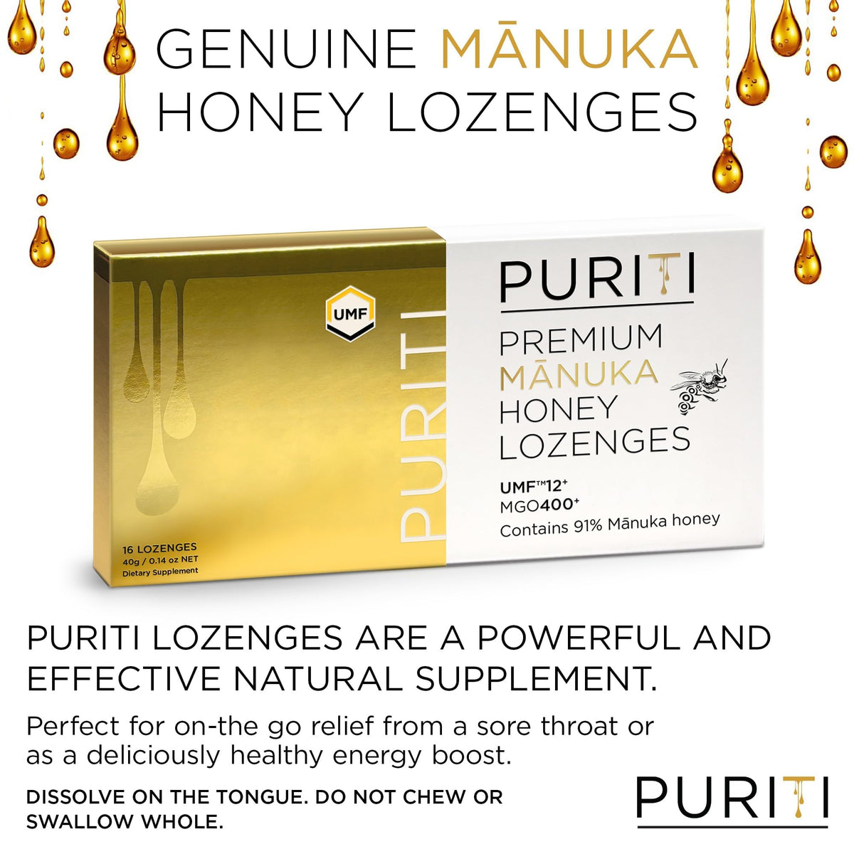 PURITI Premium Manuka Honey Lozenges High Potency - Sugar Free Drops | Genuine New Zealand Raw Manuka Honey Soothers for Coughs & Sore Throats | UMF Certified MGO 400+ UMF12+ (16 Pack)