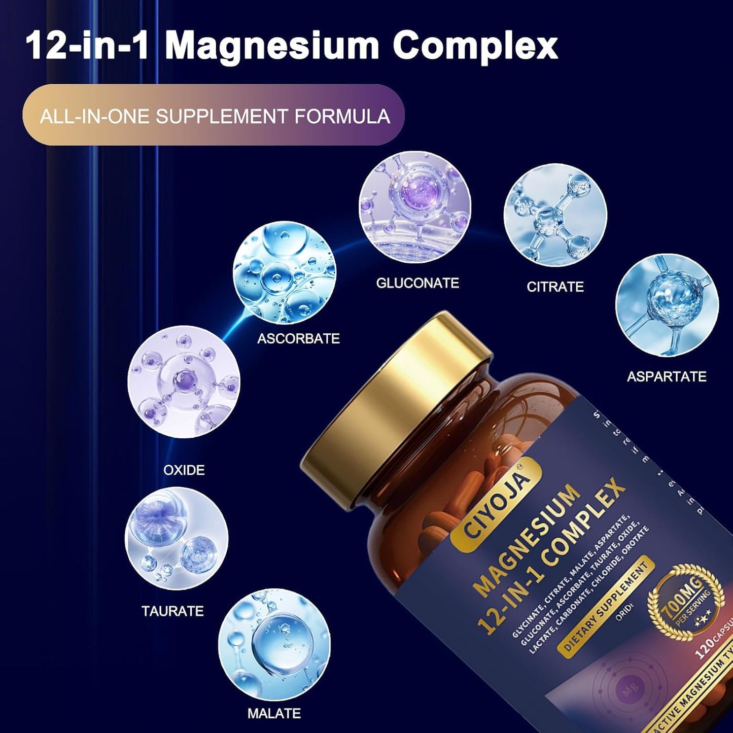 12 in 1 Magnesium Complex 700mg: Magnesium Supplement with Glycinate, Citrate, Malate, Taurate, High Absorption Magnesium for Sleep, Muscle Recovery, Nerve & Heart Support, Vegan, 120 Capsules CIYOJA buy supplements Au