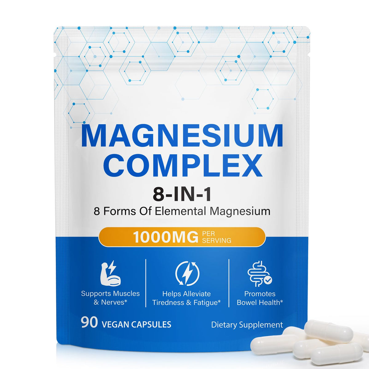 Supplement package for magnesium complex with text on a white background