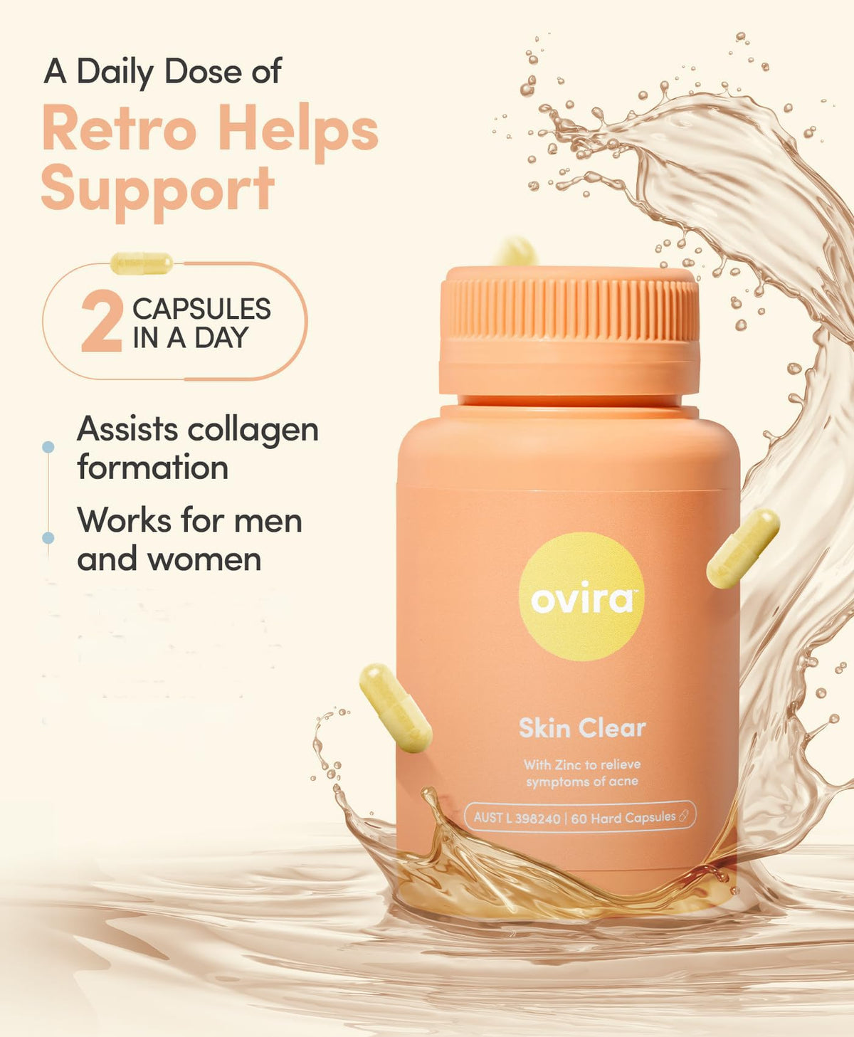 Ovira Skin Clear with ZINCBRIGHT - 60 Capsules for Clear and Glowing Skin | Rosacea & Hormonal Acne Treatment | Support Collagen Production | Acne Supplements for Women & Men - Pack of 2 OviraBuy Supplements Australia