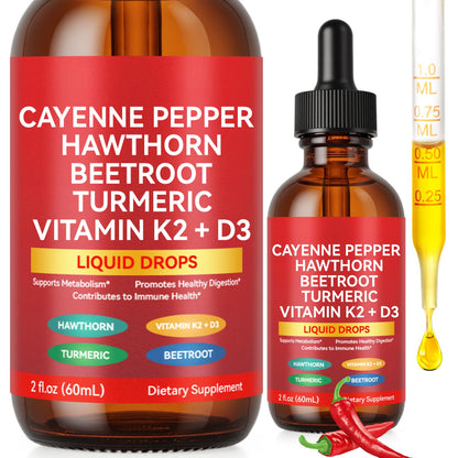 Two bottles of Cayenne Pepper Hawthorn Beetroot Turmeric Vitamin K2 + D3 liquid drops with a dropper on a white background.