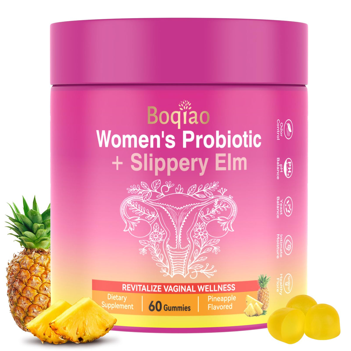 Feminine Probiotics Gummies with Slippery Elm - 60 Pineapple Gummies for Women ph Balance, Vaginal Probiotics Supports Flora, Gut Health & Immune System, Prebiotics & Lactobacillus Blend (Pineapple) BoqiaoBuy Supplements Australia