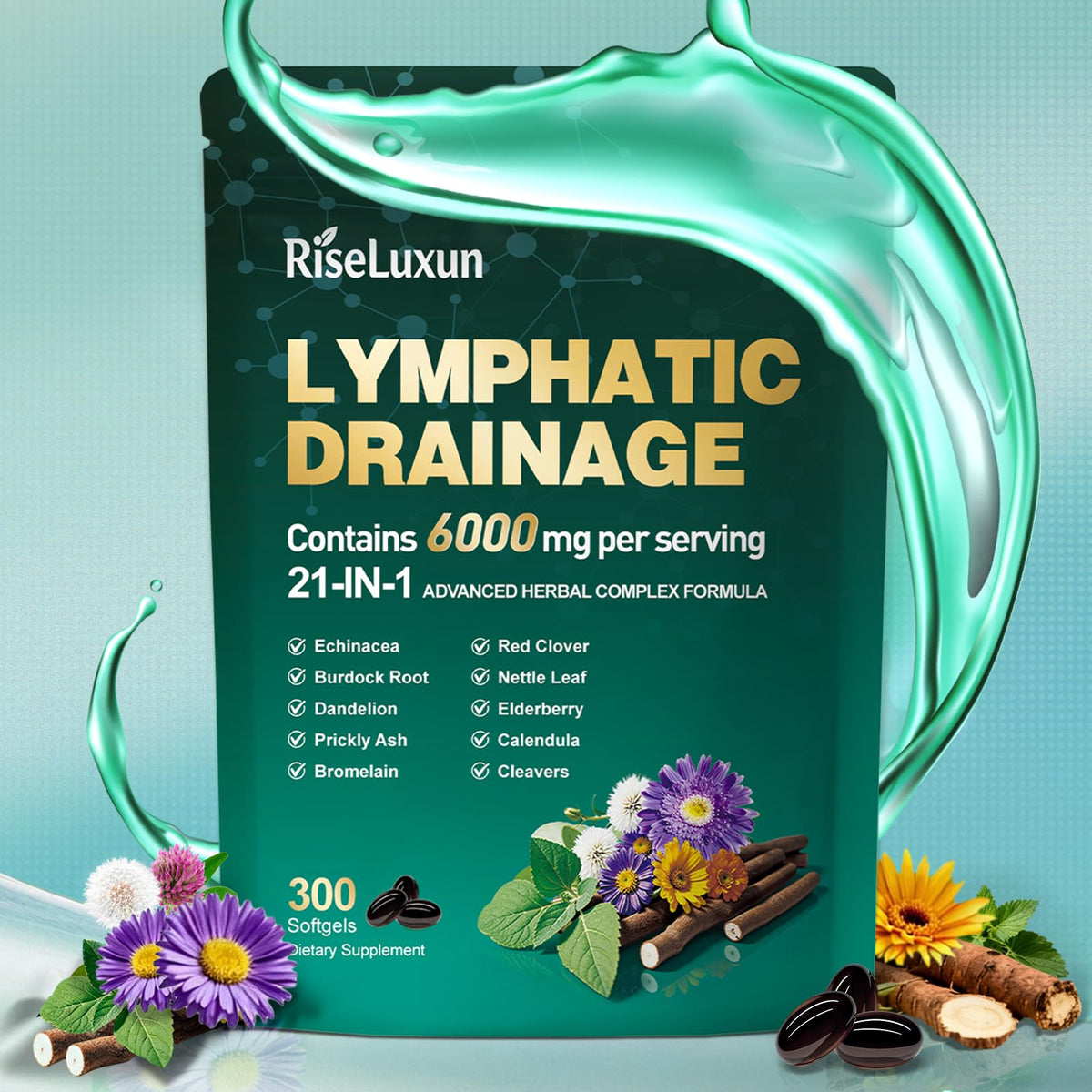 21-in-1 Liposomal Lymphatic Drainage Supplements, 100 Day Supply, 6000mg Lymph System Support for Women & Men with Echinacea, Dandelion, Burdock, Bromelain, Calendula, Turmeric & More, 300 Softgels RiseLuxun buy supplements Au