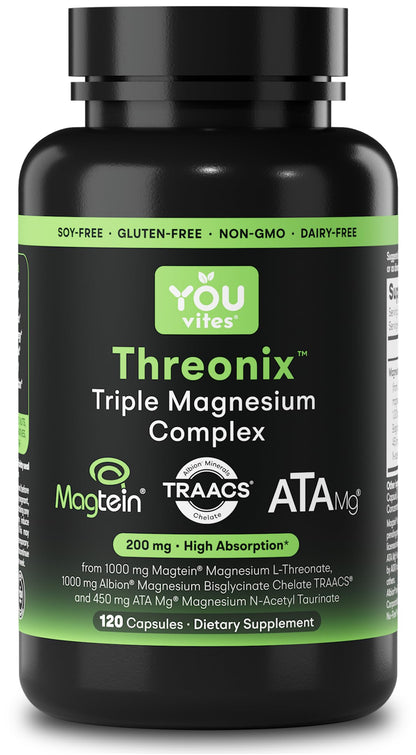 Supplement bottle labeled 'Threonix Triple Magnesium Complex' by YOU Vites on a white background.