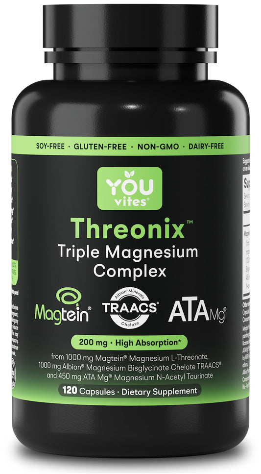 Supplement bottle labeled 'Threonix Triple Magnesium Complex' by YOU Vites on a white background.