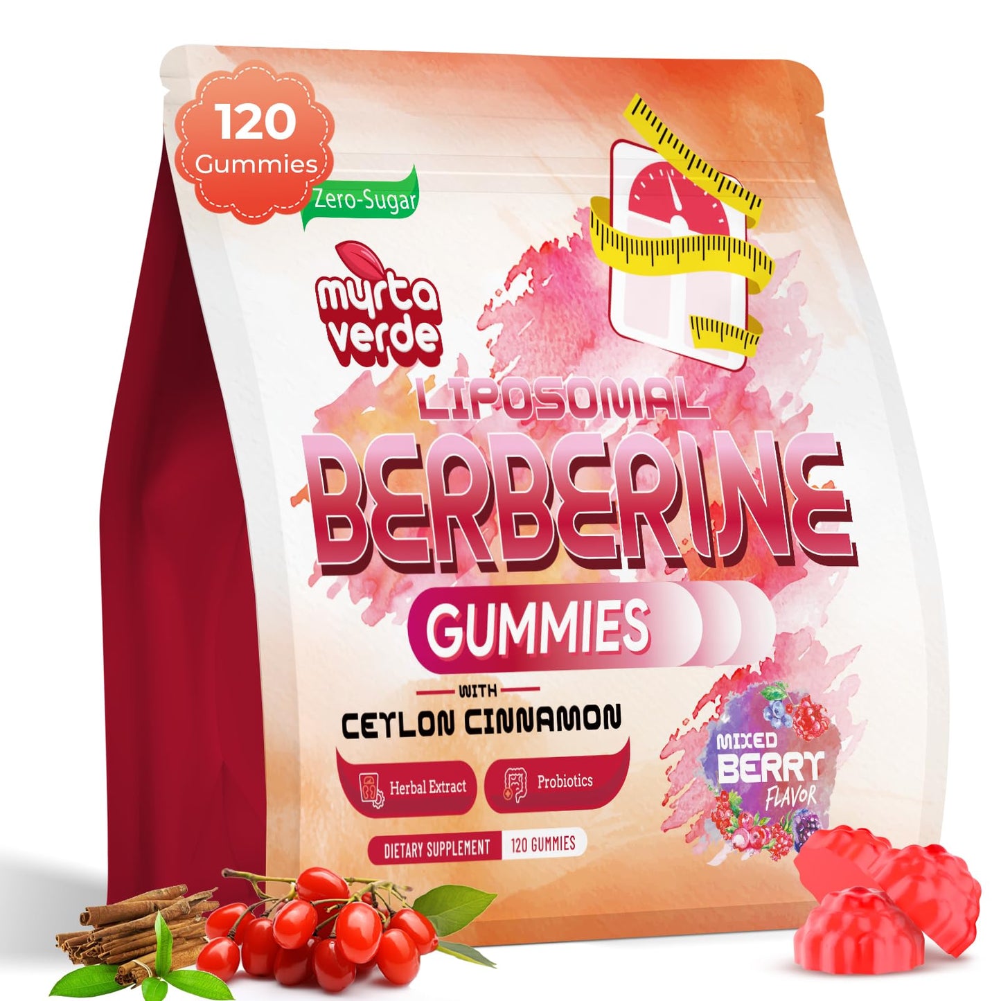 Package of myra verde Liposomal Berberine Gummies with Ceylon Cinnamon and Mixed Berry flavor on a white background.