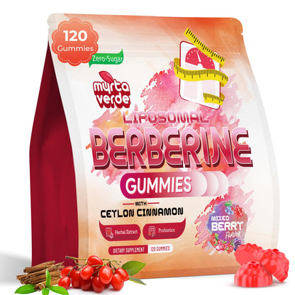 Package of myra verde Liposomal Berberine Gummies with Ceylon Cinnamon and Mixed Berry flavor on a white background.
