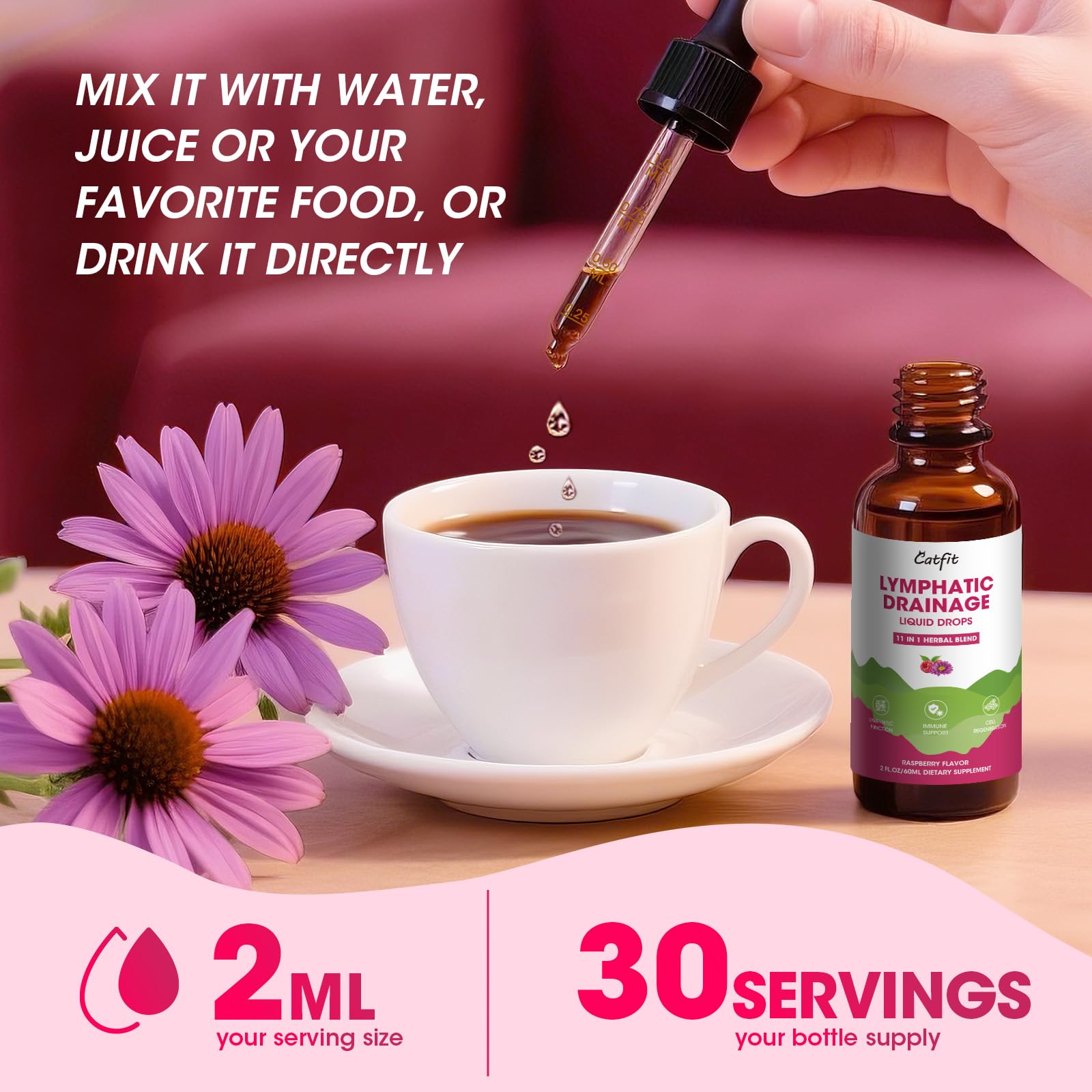 Lymphatic Drainage Supplements Drops for Immune, Lymph System Support, Cleanse & Detox, Liver Health with Echinacea,Elderberry,Cleavers Herb,Burdock, Calendula, Non-GMO, Raspberry Flavor, 2 Fl Oz Catfit buy supplements Au