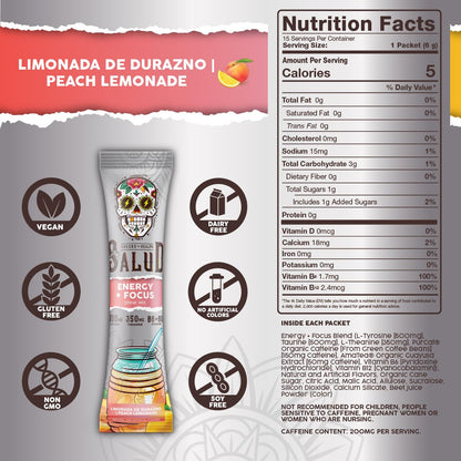 Salud 2-in-1 Energy + Focus Drink Mix, Hibiscus | Organic Caffeine, B6 + B12, Theanine, Clean Energy Packets, Agua Fresca Mix, Non-GMO, Gluten Free, 1g of Sugar (15 Servings)