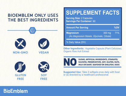 BioEmblem Triple Magnesium Complex | 300mg of Magnesium Glycinate, Malate, & Citrate for Muscles, Nerves, & Energy