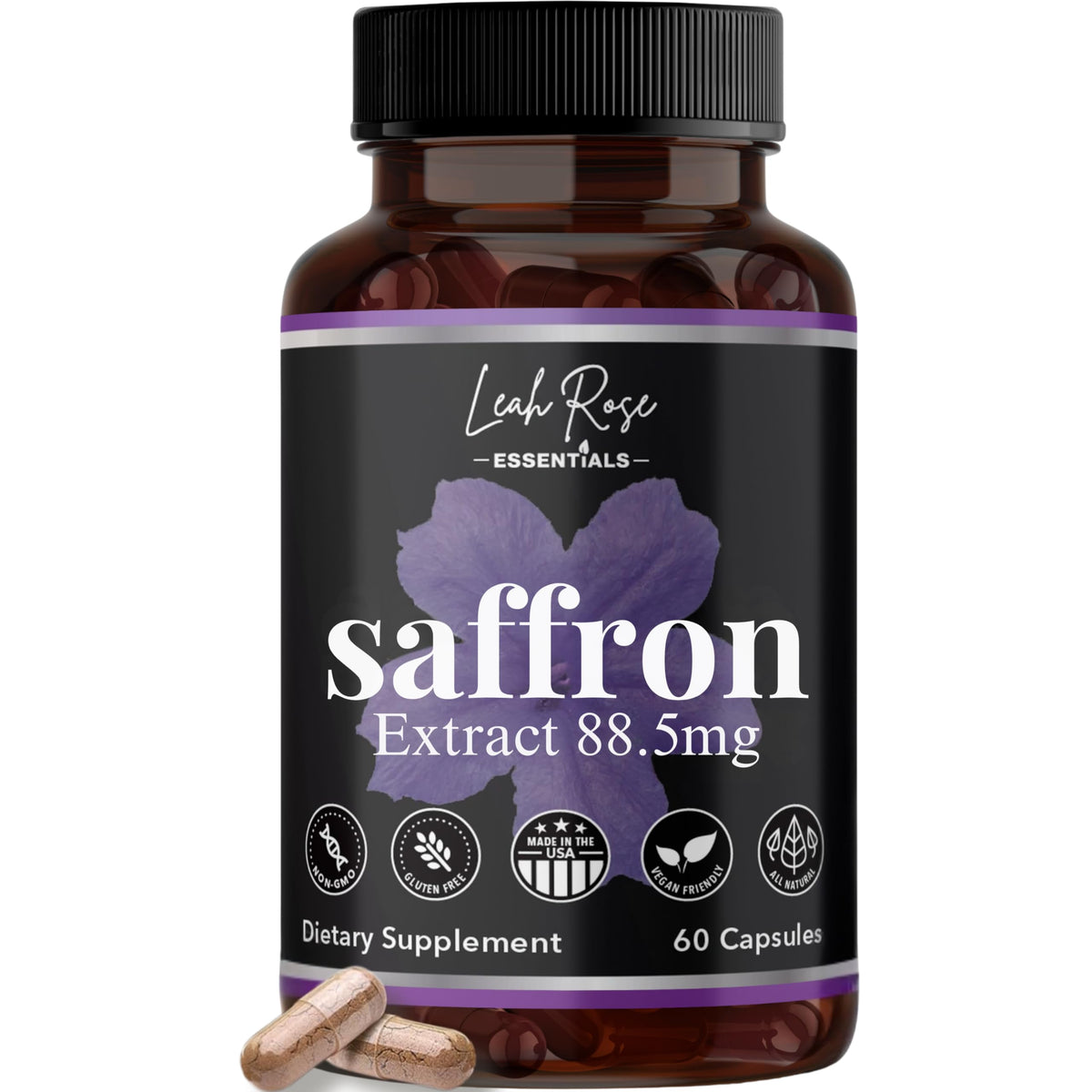 Leah Rose Essentials Saffron Supplement 88.5mg | Mood, Focus, and Stress Support | 60 Premium Saffron Extract Capsules | Made in the USA | 3rd Party Lab Tested | Non-GMO, Vegan, Gluten-Free