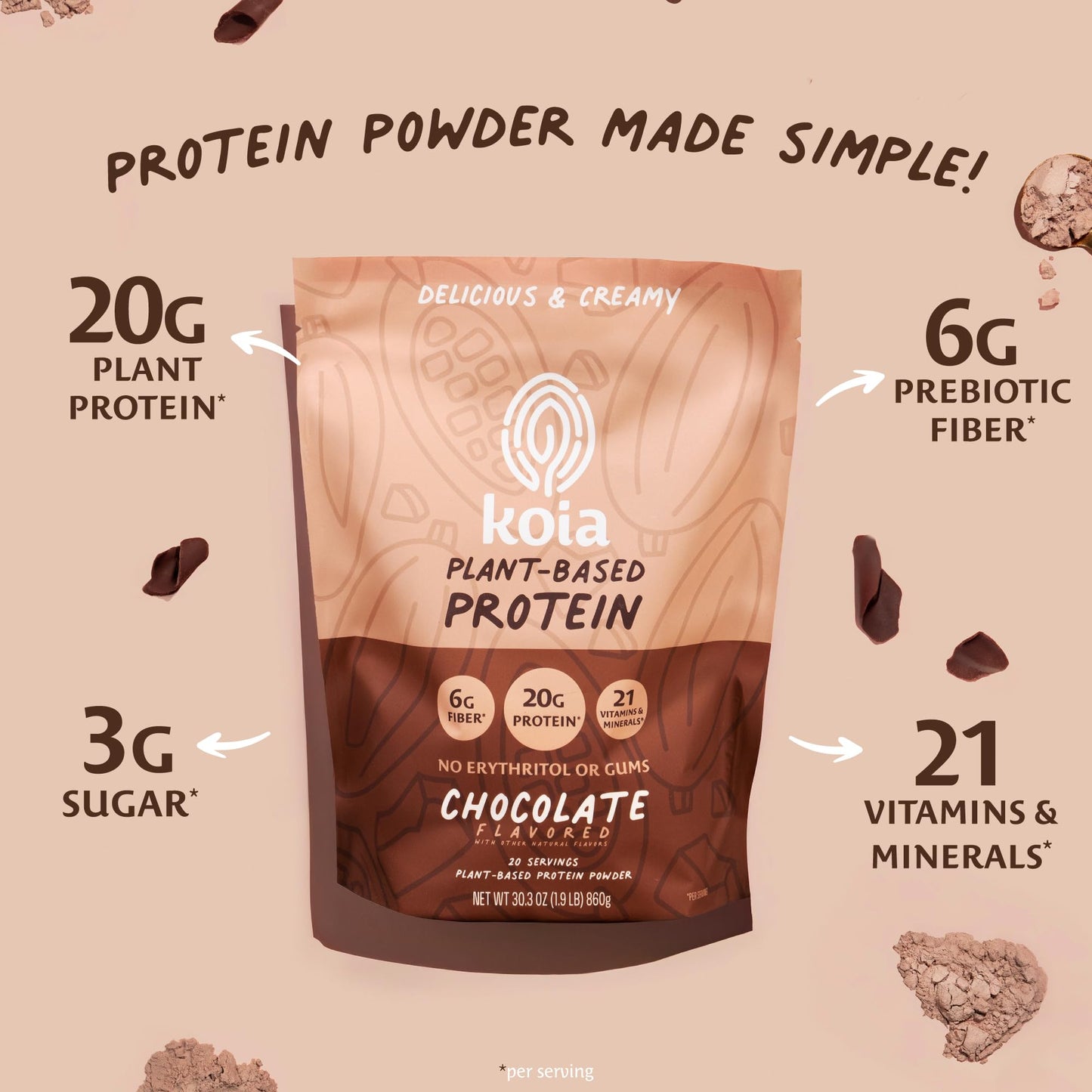 Koia Plant Based Protein Powder, Chocolate, 20g Protein, 3g Sugar, 6g Prebiotic Fiber, Pre & Post Workout, 21 Vitamins & Minerals, No Seed Oils, Dairy-Free, Gluten-Free, Non-GMO, 20 Servings, 30.3 Oz Koia buy supplements Au