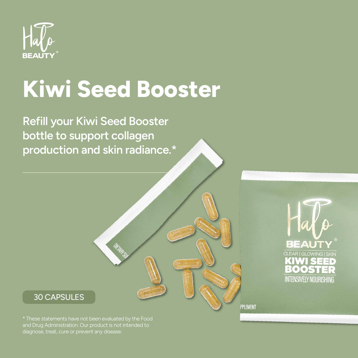 Halo Beauty Kiwi Seed Booster Skin Supplement Refill Pack | Anti-Aging Hydration & Glowing Skin Support with Kiwi Seed, Vitamin C, D3 & Zinc | Vegan Collagen Support Capsules | 1-Month Supply Halo BeautyBuy Supplements Australia