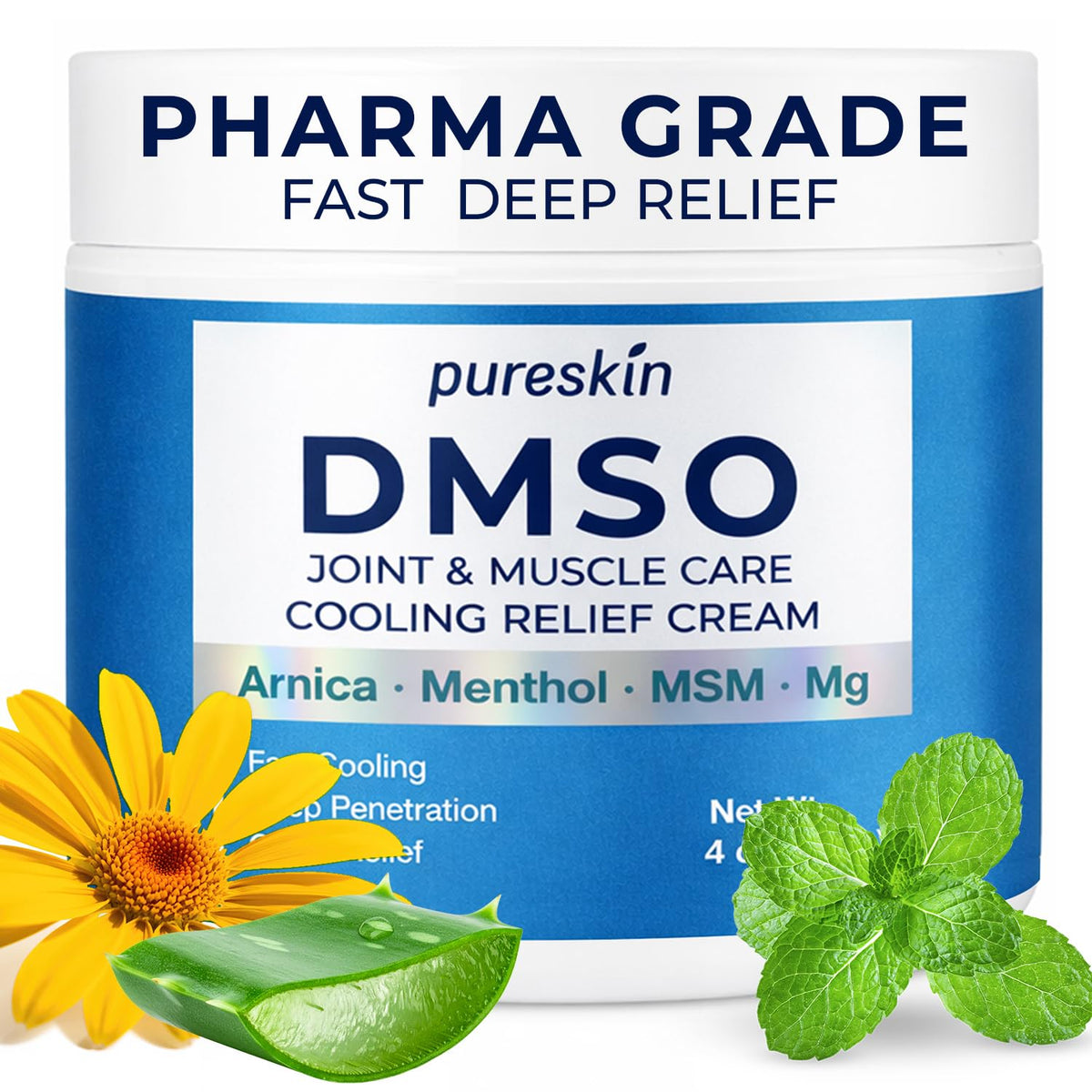 Pureskin DMSO cream jar with natural elements on a white background