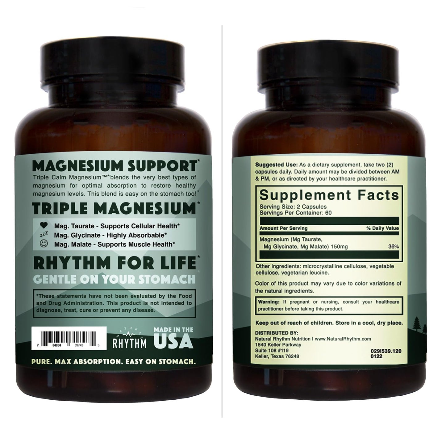 Natural Rhythm Triple Calm Magnesium Complex - 120 Capsules, Chelated Magnesium Glycinate, Taurate & Malate, High Absorption Supplement for Sleep, Stress, Muscle & Heart Support, Non-GMO, Vegan Natural Rhythm buy supplements Au