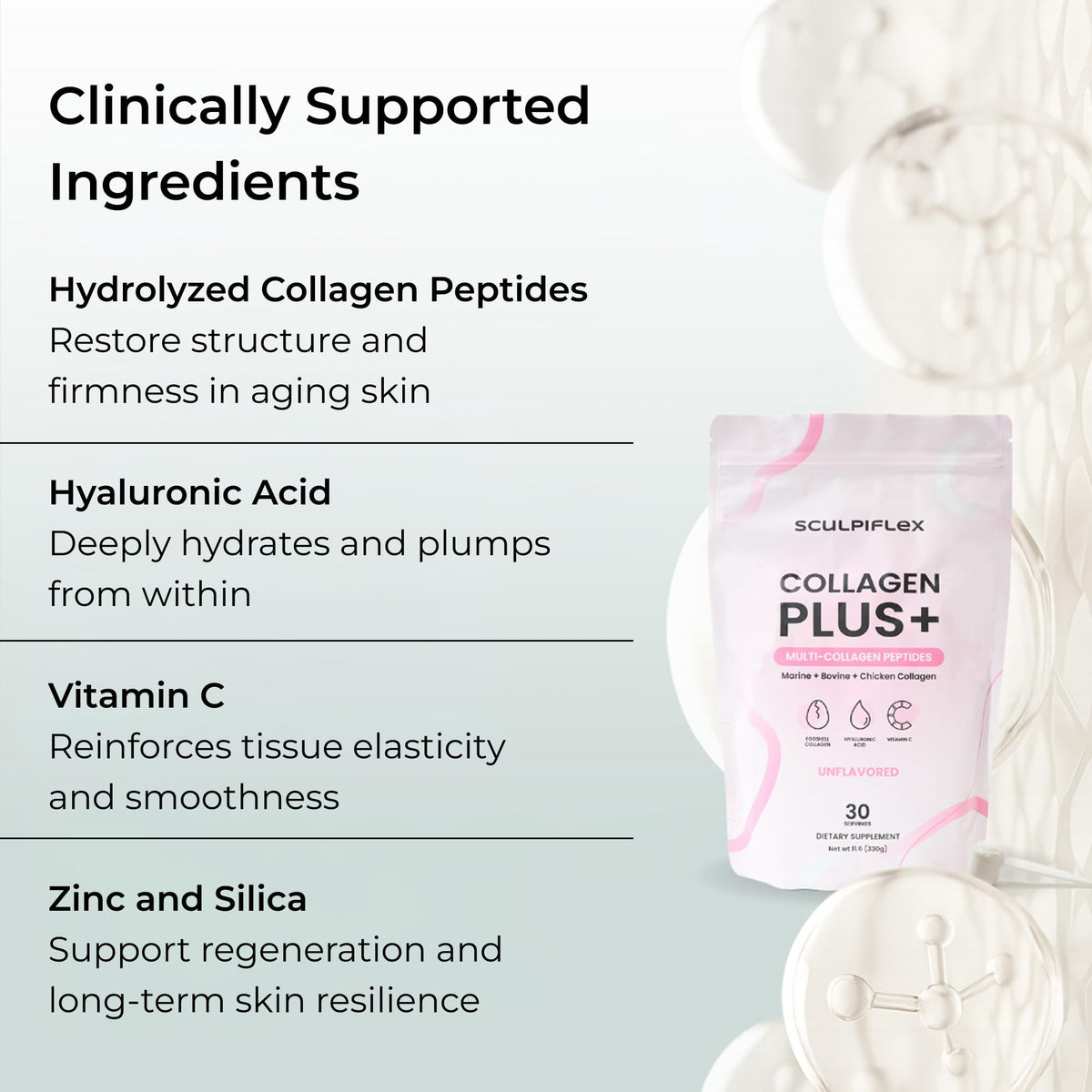 Sculpiflex Hydrolyzed Collagen Peptides Powder, Marine, Bovine, and Chicken Unflavored Multi Collagen Complex for Women, Firms Skin and Boosts Elasticity, Hydrating with Hyaluronic Acid (30 Servings) SCULPIFLEX buy supplements Au