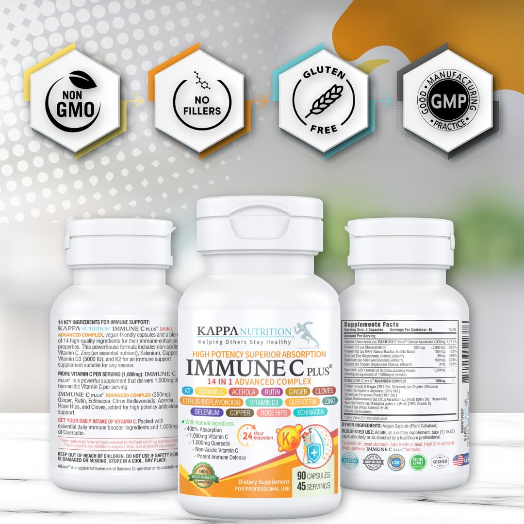 Quercetin 1,000mg, Vitamin C 1,000mg, Zinc 50mg, Vitamin D3 5,000iu, Selenium, Copper, Acerola, Ginger, Rutin, Bitter Orange, Rose Hips, Echinacea, Immune C Plus, 14 in 1 Immune C Plus (60 Count) KAPPA NUTRITIONBuy Supplements Australia