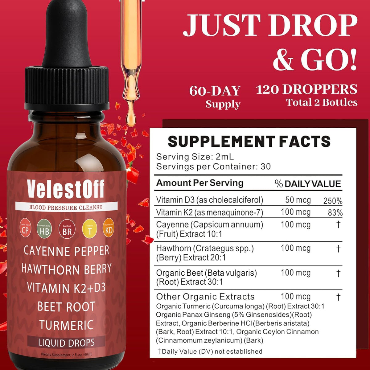 Velestoff Cayenne Pepper | Cayenne Heart & Circulation Blend – Botanical Extracts with Hawthorn, Beet Root, Turmeric, Vitamin K2 & D3 – Daily Wellness Drops (2 fl oz) (2) DFTLUUE buy supplements Au