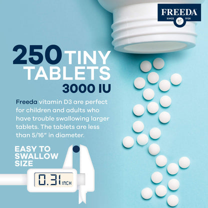 FREEDA Vitamin D3-3000 IU - Pure High Potency Kosher Supplement Tablets - Bone and Muscle Health, Calcium Absorption, Immune Support for Men and Women* - 100 Tiny Tablets | Supports Bone, Muscle & Immune Health – Helps Calcium Absorption – Easy-to-Swallow