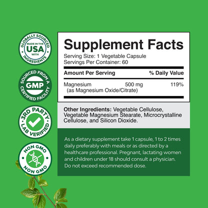 High Absorption Magnesium Complex Supplement - Magnesium Oxide 500mg with Citrate 500mg for Sleep and Mood Support - Pure Citrate per Serving for Muscle Stomach and Digestion - 60 Count Natures Craft buy supplements Au