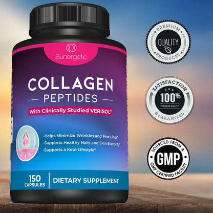 Sunergetic Premium Collagen Peptides Capsules – 2500 mg of VERISOL Collagen Peptides Type 1 & Type 3 – Multi Collagen Supplement to Support Joint Health, Hair, Skin & Nails – 150 Collagen Capsules Sunergetic buy supplements Au