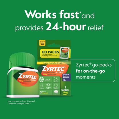 Zyrtec 24 Hour Allergy Relief Tablets, Indoor & Outdoor Allergy Medicine with 10 mg Cetirizine Hydrochloride Antihistamine, Value Bundle of one, 90 ct Bottle & Three, 1 ct Travel Packs Zyrtec buy supplements Au