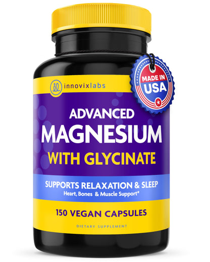 Supplement bottle labeled 'Advanced Magnesium with Glycinate' by InnovixLabs on a white background.