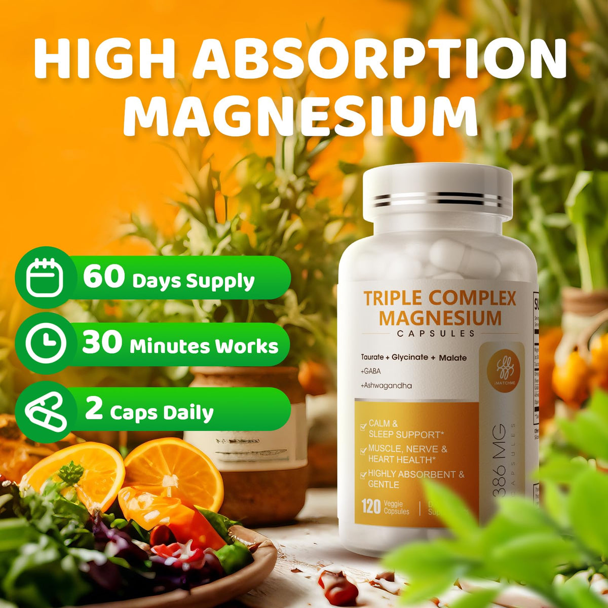 Triple Magnesium Complex - Magnesium Glycinate, Taurate & Malate Supplement with Omega3, Ashwagandha, GABA for Sleep, Brain Heart & Muscle Support - High Absorption and Gentle, Vegan, 120 Capsules iMATCHME buy supplements Au
