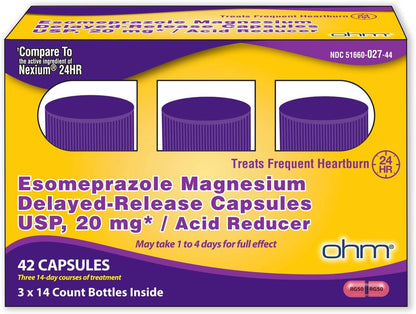 Ohm Esomeprazole Magnesium Delayed Release Capsules 20mg - Frequent Heartburn & Acid Reflux Relief, 24 Hour Chest & Stomach Acid Reducer (6 Weeks of Supply, 42, Count) Ohm buy supplements Au