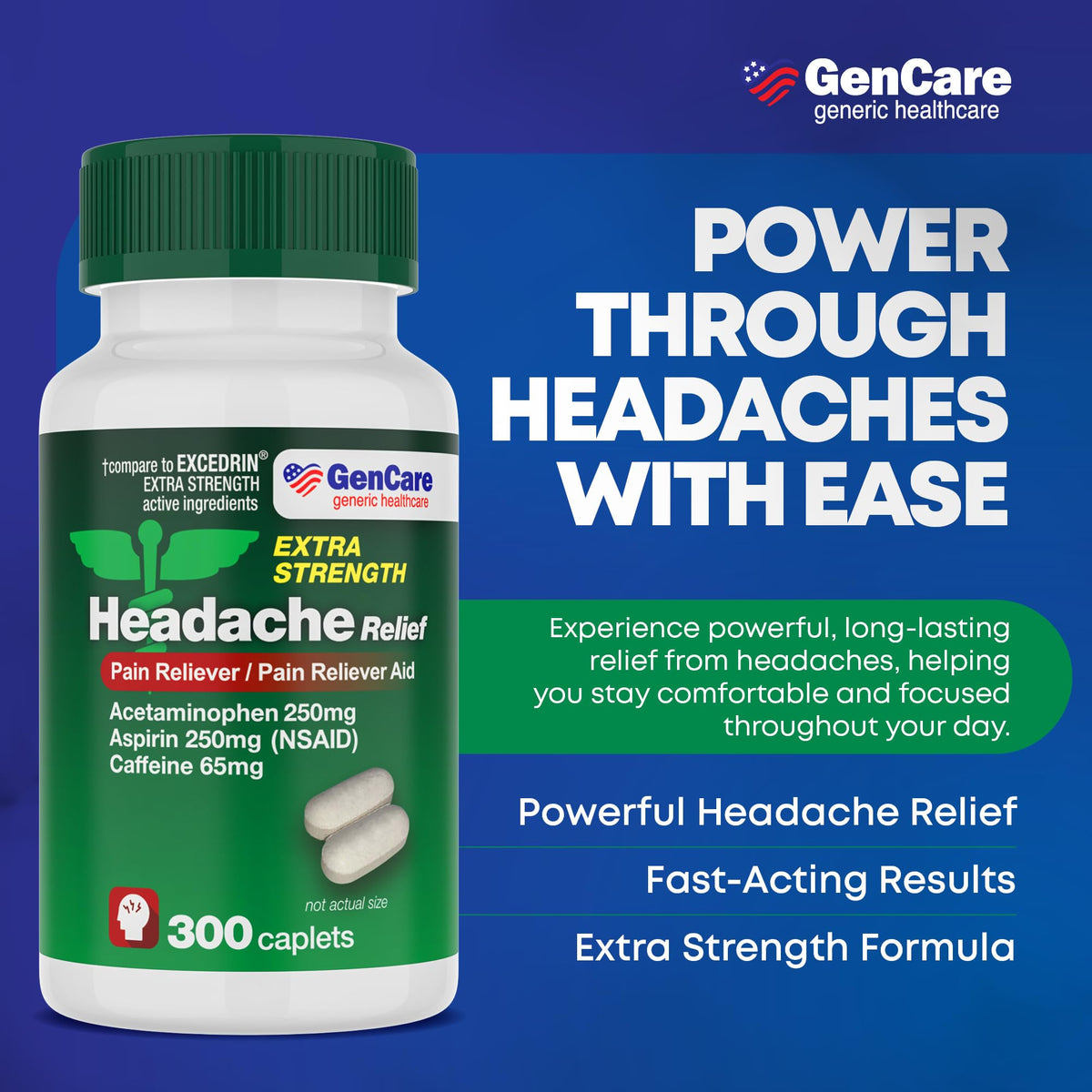 GenCare - Headache Relief Acetaminophen with Aspirin (NSAID) & Caffeine (300 Caplets) Value Pack | Head Pain, Muscle Aches, Back Pain & Body | Generic ExcedrEn Extra Strength GenCare buy supplements Au