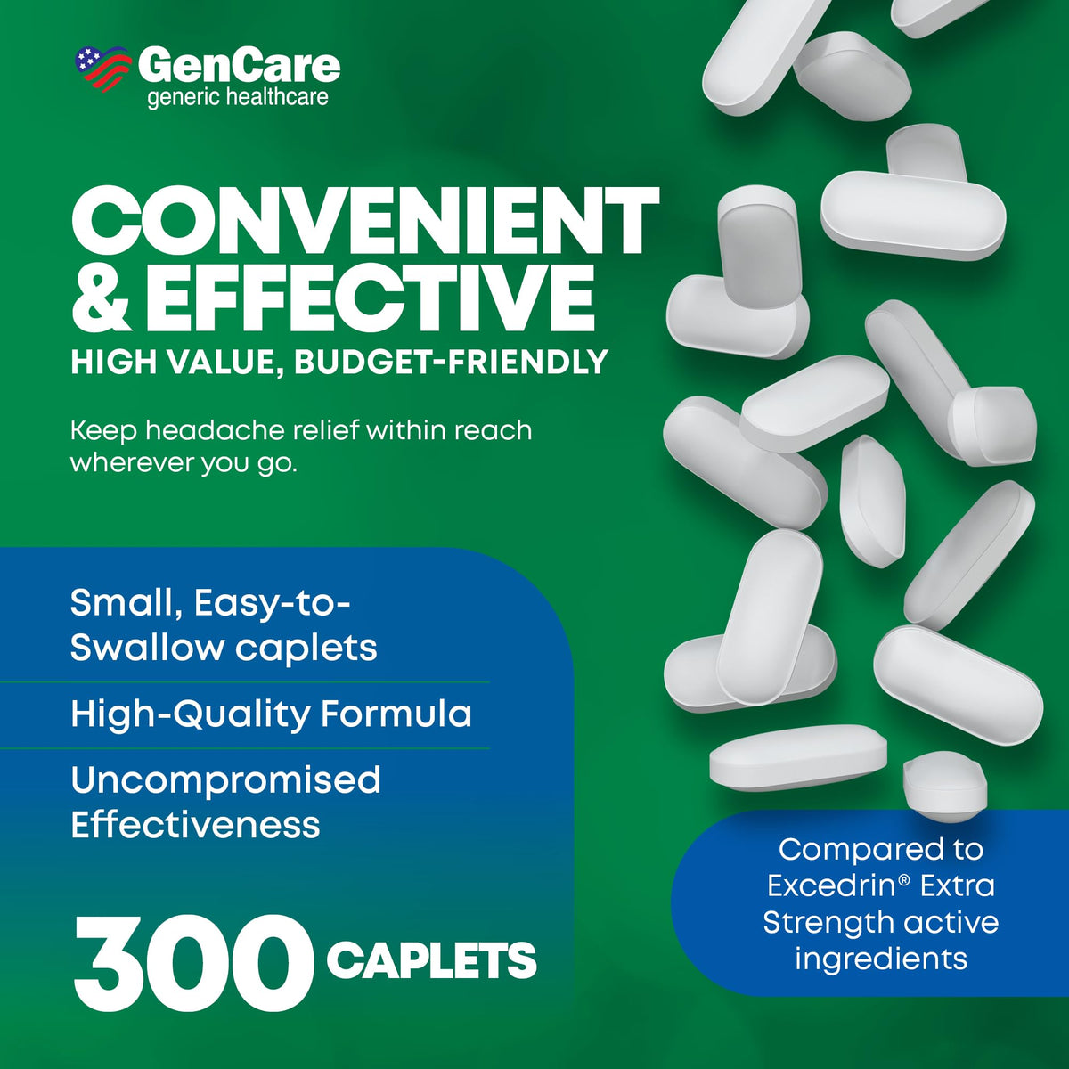 GenCare - Headache Relief Acetaminophen with Aspirin (NSAID) & Caffeine (300 Caplets) Value Pack | Head Pain, Muscle Aches, Back Pain & Body | Generic ExcedrEn Extra Strength GenCare buy supplements Au