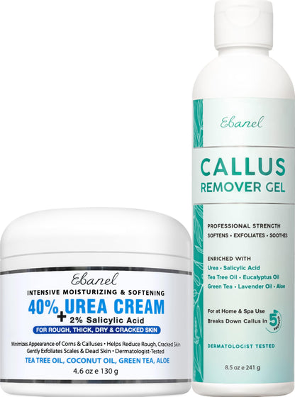 Ebanel Set of Professional Callus Remover for Feet, and Urea Cream 40% Plus Salicylic Acid 2%, Heel Foot Callus Remover Gel Exfoliator Dead Skin Cuticle Removal Toenail Softener Keratolytic Pedicure