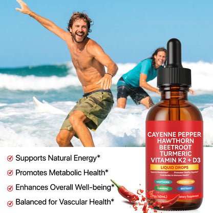 Cayenne Pepper Drops, Liquid Cayenne Pepper Organic, Cayenne Health Supplements, Cayenne Pepper Hawthorn Beet Root Turmeric Curcumin, Vitamin K2 & D3, Vegan-Friendly- 2 Fl Oz Vortexonix buy supplements Au