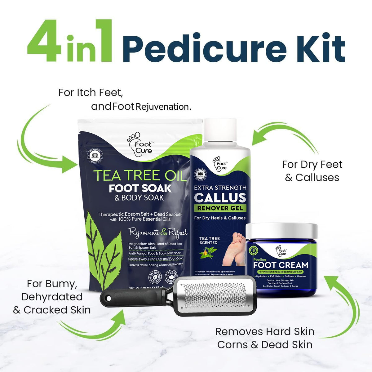 FOOT CURE Exfoliator & Callus Remover Pedicure Set – Care Kit Includes File for Dead Skin, Tea Tree Oil Soak Salts, Urea Cream 40 Percent Removal Gel Made in USA, 4 Piece FOOT CURE buy supplements Au