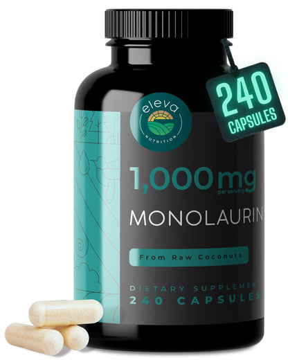 Monolaurin 1000mg Capsules — Made with Pure Glycerol and Lauric Acid from Raw Coconut — Natural Vegans- Non-GMO and Soy Free — 240 Capsules Eleva Nutrition buy supplements Au