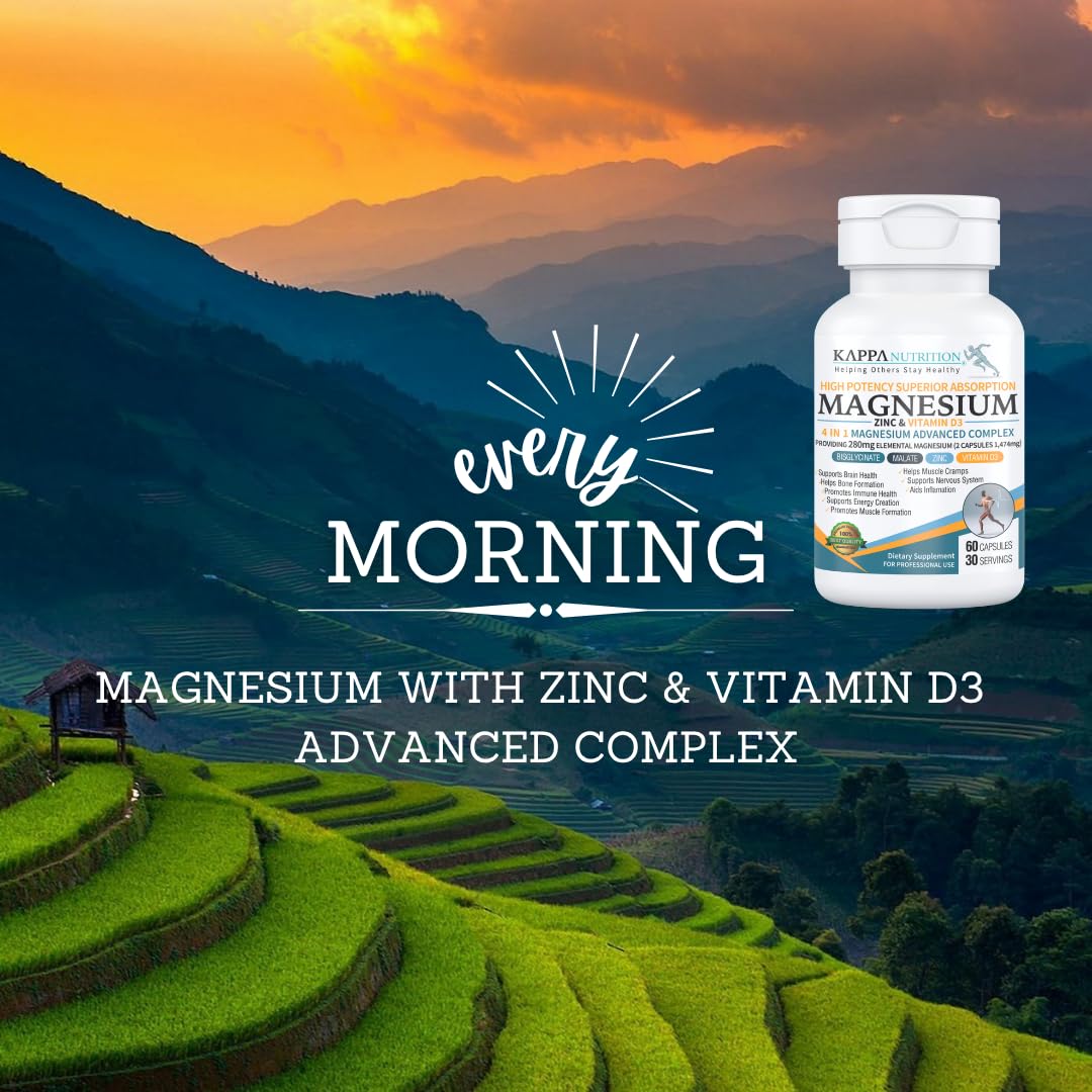 Kappa Nutrition Magnesium 4-in-1, 280mg Elemental Magnesium (Bisglycinate, Malate) + Zinc & Vitamin D3, Brain, Sleep, Energy, Muscle, Immune Support, 60 Vegan Capsules. KAPPA NUTRITION buy supplements Au