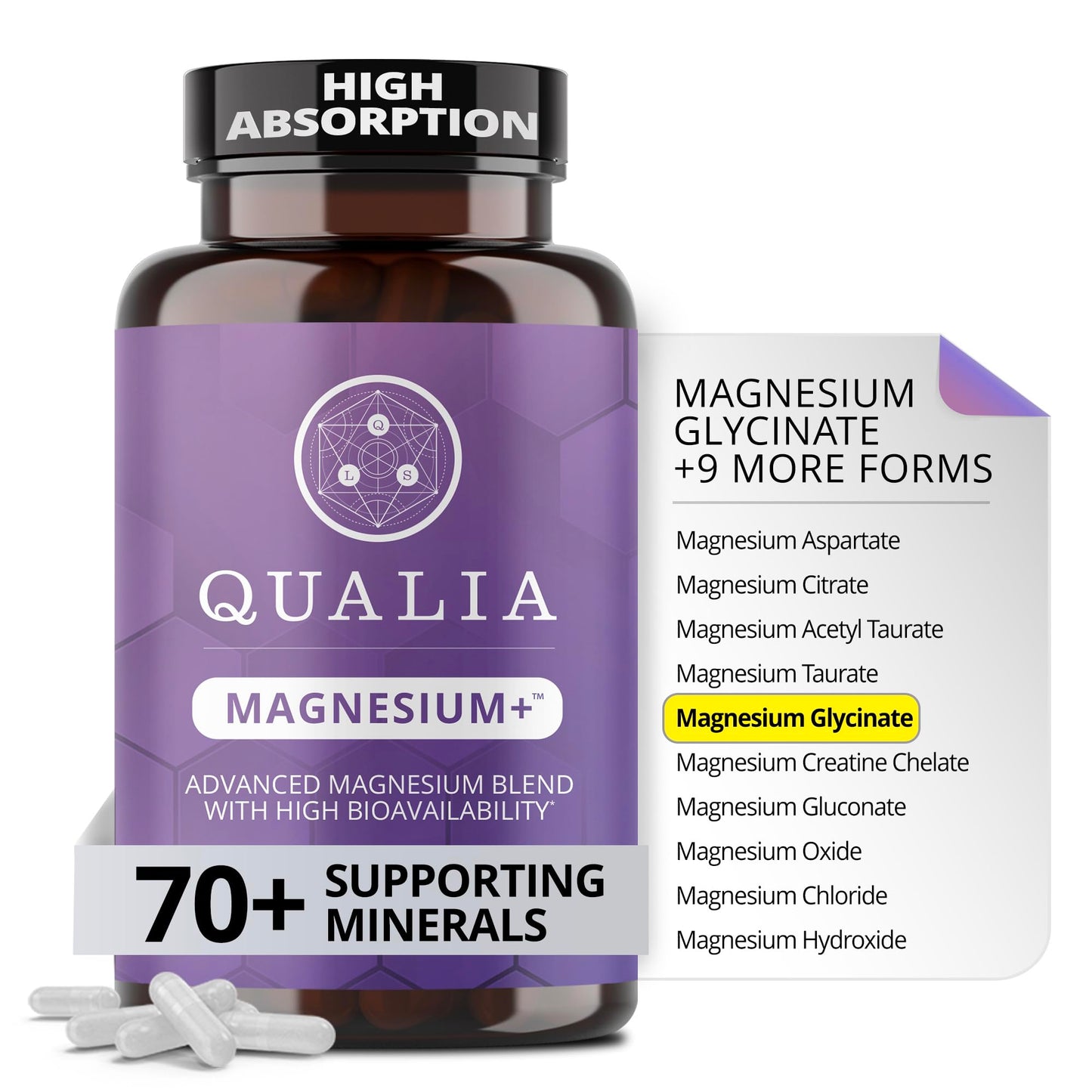 Qualia Magnesium+ | Doctor-Formulated. Premium Formula | High Bioavailability | 10 Forms of Magnesium & 70+ Minerals | Relaxed Mood, restful Sleep