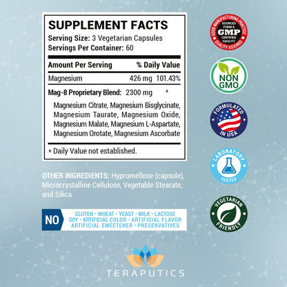 8 in 1 Magnesium Complex for Women & Men 426mg | 180 Vegan Capsules | MAG-8 Blend: Citrate, Bisglycinate, Malate, & More | Non-GMO Magnesio Complex Supplement | Provides 100% Daily Recommended Value Teraputics buy supplements Au