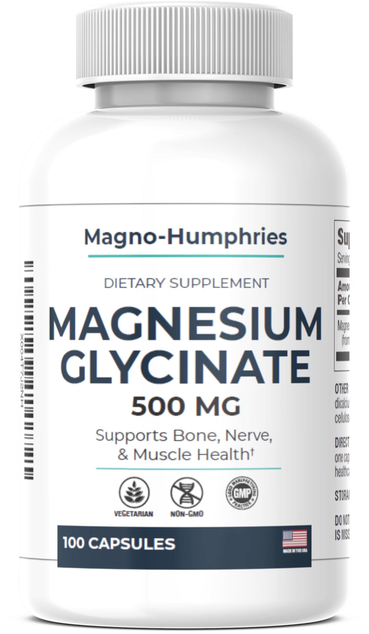 Supplement bottle labeled 'Magnesium Glycinate 500 MG' by Magno-Humphries on a white background