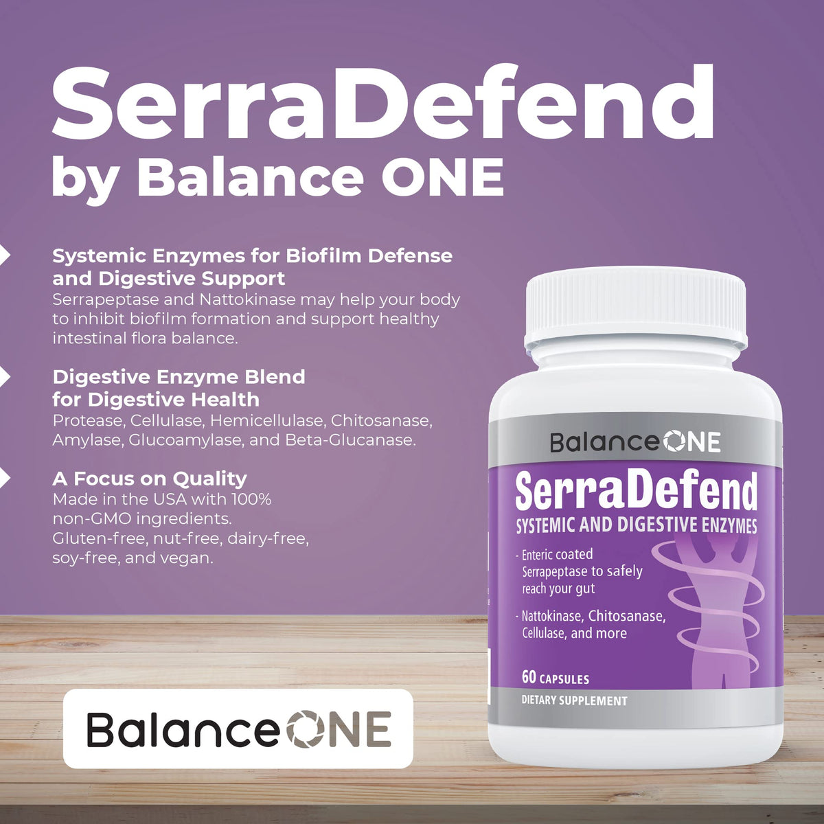 Balance ONE Biofilm Disruptor – Proteolytic Enzymes & Defense Supplement with Serrapeptase & Nattokinase – Systemic & Digestive Support – 60 Capsules, 2 Month Supply – for Women & Men – SerraDefend Balance ONE buy supplements Au