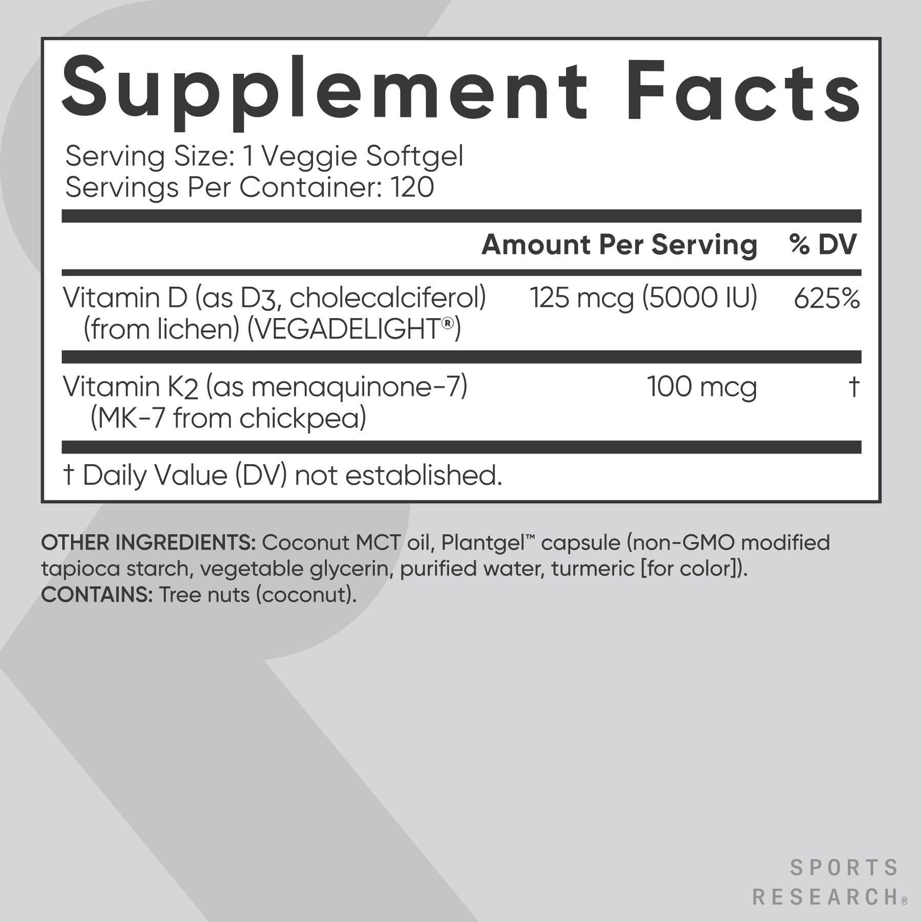Sports Research Vitamin D3 with K2 Softgels - Plant Based K2 & Vegan D3 5000iu with Coconut MCT Oil - Vegan Certified, Soy & Gluten Free - 120 Count Sports Research buy supplements Au
