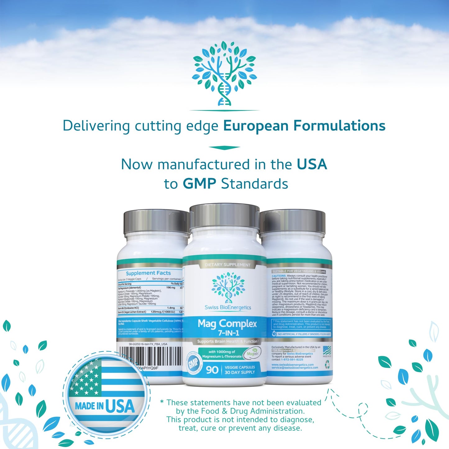 Magnesium L-Threonate Complex 7-in-1 with 1000mg of Magtein Plus Magnesium as Bisglycinate, Taurate, Citrate, Gluconate, Malate & Lactate - Supports Sleep - Vegan, US Made and No Artificial Nasties swiss bioenergetics buy supplements Au