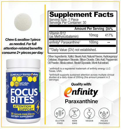 Paraxanthine Focus Bites 100mg, Caffeine Free Energy, 30 Melon Mint Chews | Enfinity paraxanthine supports attention and productivity with a smooth, jitter free lift. Great for afternoons.