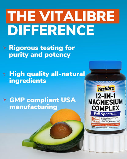 Vitalibre 12 in 1 Magnesium Complex Supplement 500mg | Max Absorption Chelated Magnesium Glycinate Citrate Malate & More for Bone, Nerve & Digestive Support | Non-GMO Vegan Capsules (120 Count) Vitalibre buy supplements Au
